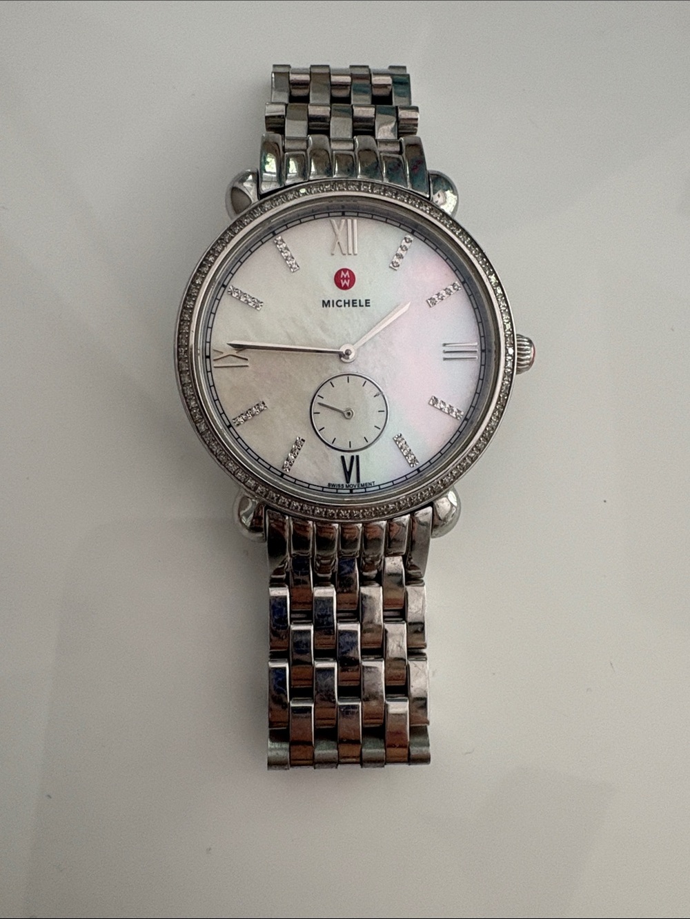 Michele Silver-Tone Bracelet Watch with Mother-of-Pearl Dial